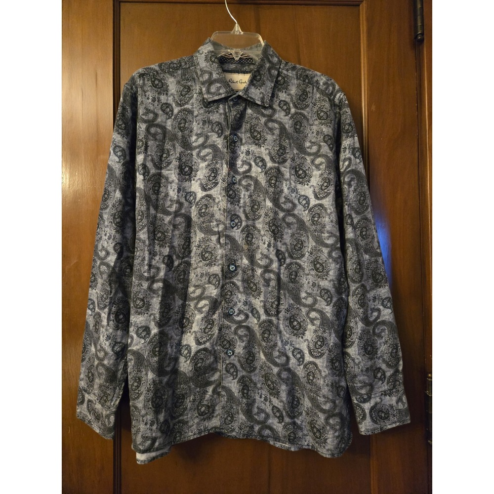Robert Graham Lifeguard Paisley Mens XL Shirt Black Gray Flip Cuff Long Sleeve